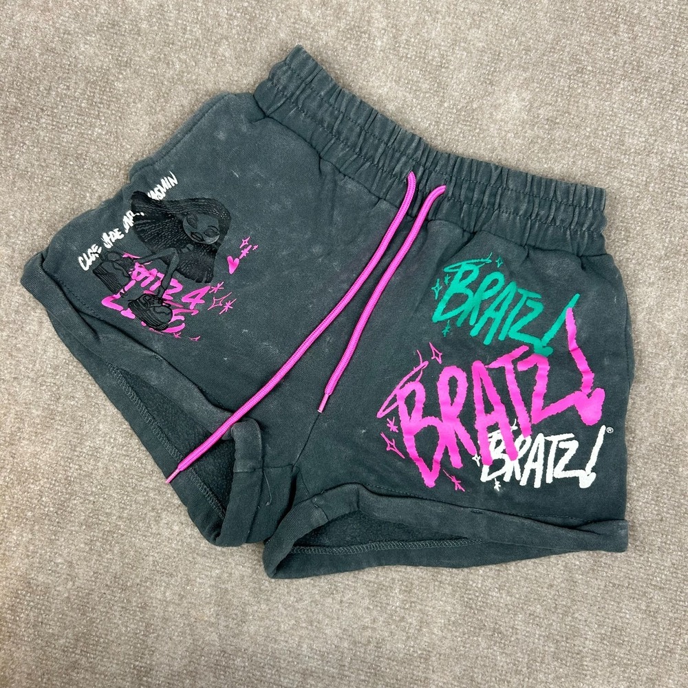 Bratz Fleece Lounge Shorts Womens Small Charcoal Gray Acid Wash Graffiti Y2k